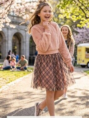 Knitworks Girls 2-Piece Dress Set - Faux Fur Crop Top & Plaid Skirt - Size 14